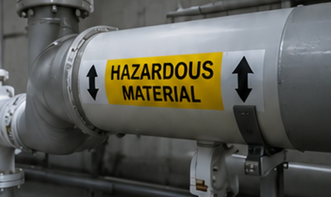 Industrial pipework carrying hazardous material identification labelling